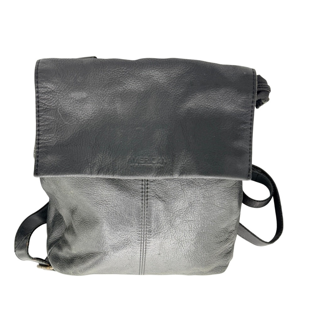 American Leather Co Black Pebbled Leather Flap Backpack Small Rucksack Bag - Picture 2 of 16